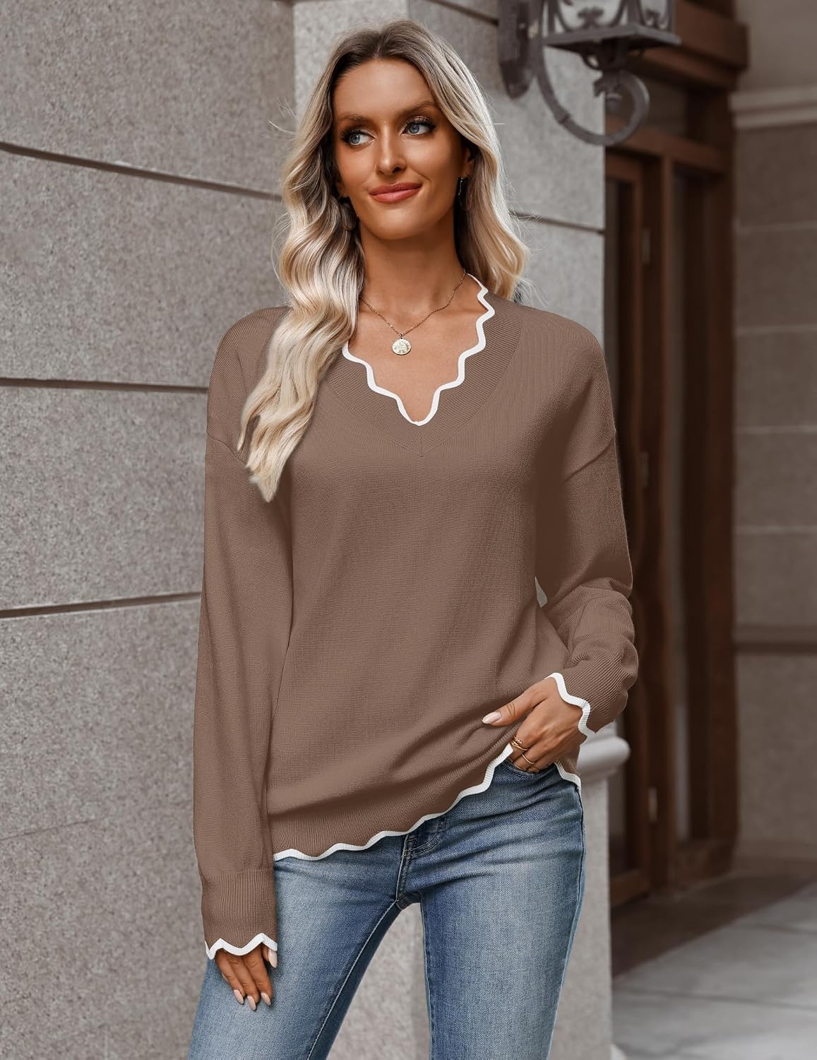 image:imageZeagoo Womens 2026 Fall V Neck Sweater Long Sleeve Lightweight Knit TopsBrown