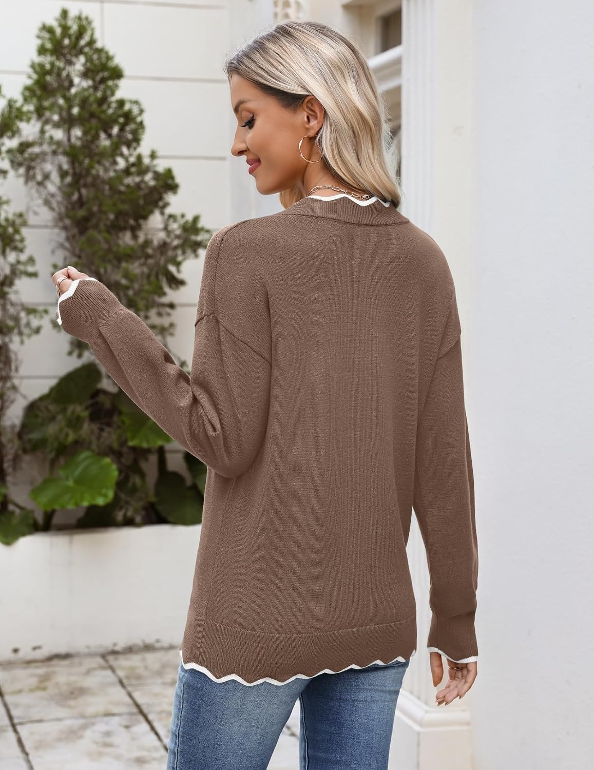 image:imageZeagoo Womens 2026 Fall V Neck Sweater Long Sleeve Lightweight Knit TopsBrown