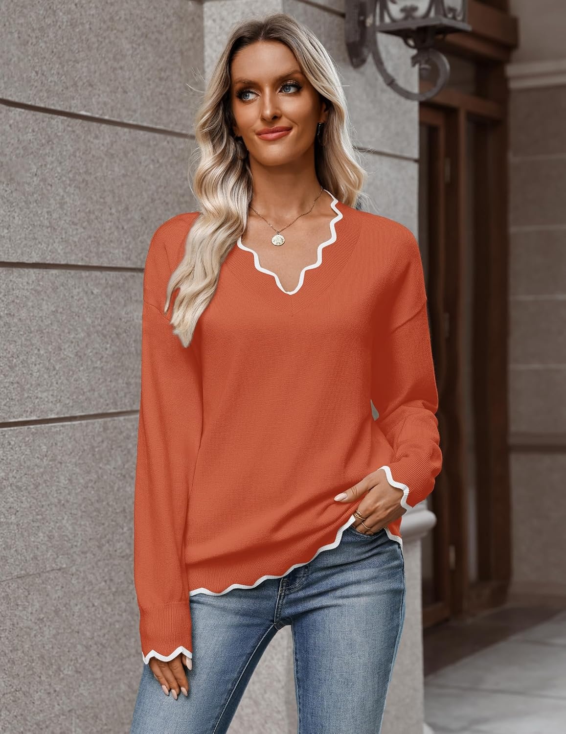 image:imageZeagoo Womens 2026 Fall V Neck Sweater Long Sleeve Lightweight Knit TopsCaramel
