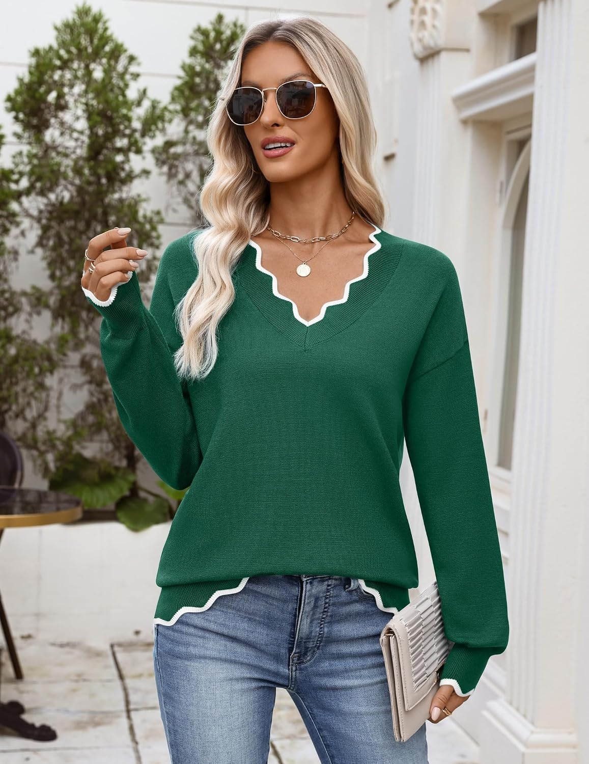 image:imageZeagoo Womens 2026 Fall V Neck Sweater Long Sleeve Lightweight Knit TopsDark Green