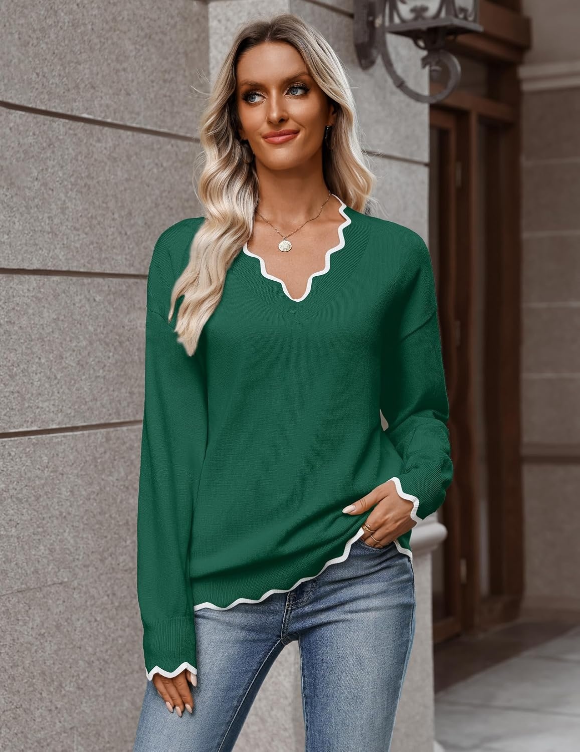 image:imageZeagoo Womens 2026 Fall V Neck Sweater Long Sleeve Lightweight Knit TopsDark Green