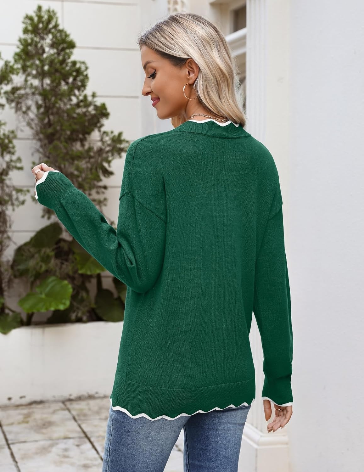 image:imageZeagoo Womens 2026 Fall V Neck Sweater Long Sleeve Lightweight Knit TopsDark Green