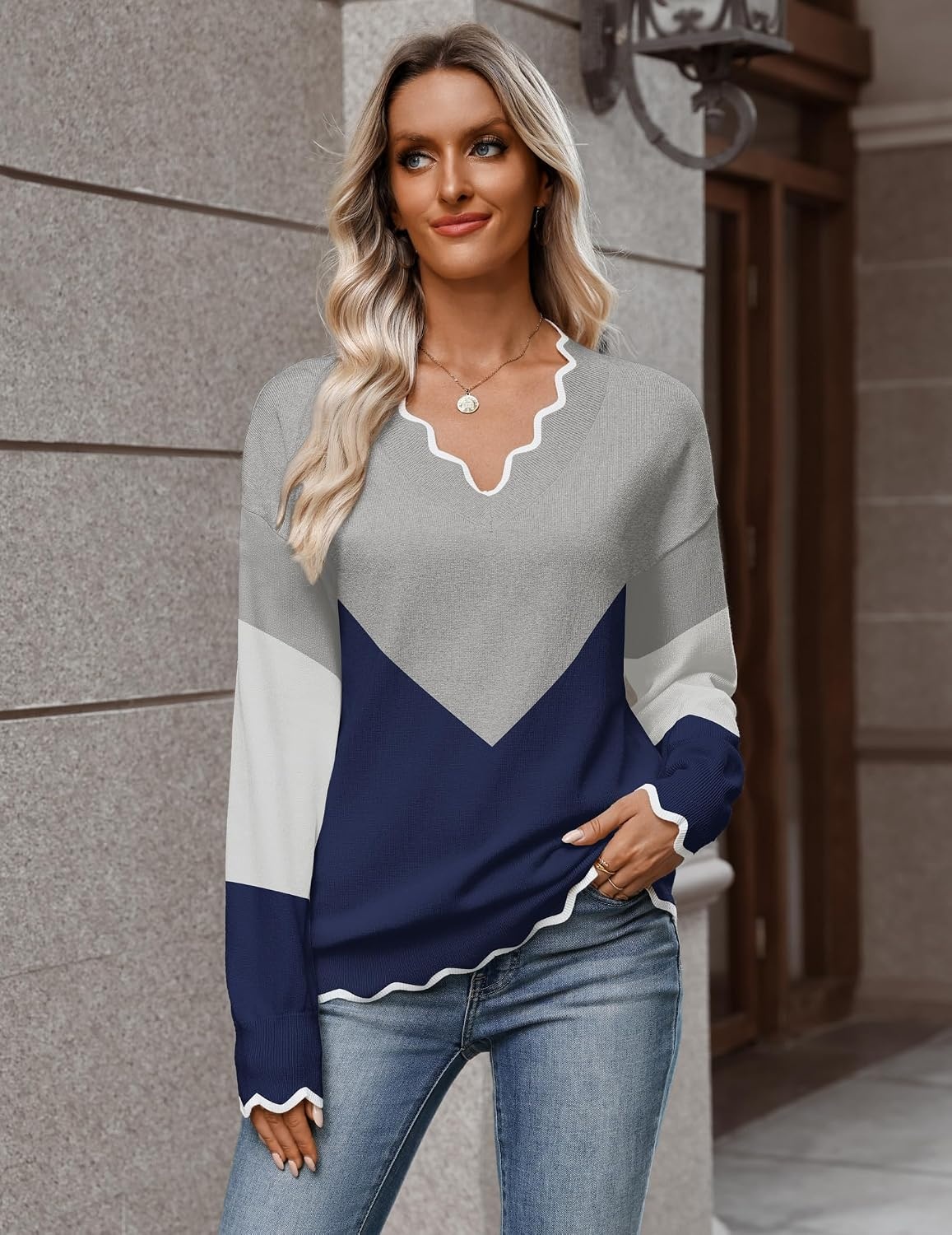 image:imageZeagoo Womens 2026 Fall V Neck Sweater Long Sleeve Lightweight Knit TopsY Grey Navy