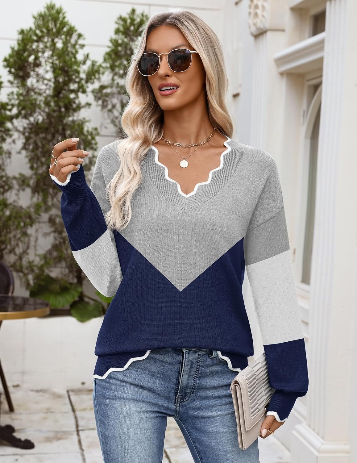 image:imageZeagoo Womens 2026 Fall V Neck Sweater Long Sleeve Lightweight Knit TopsY Grey Navy