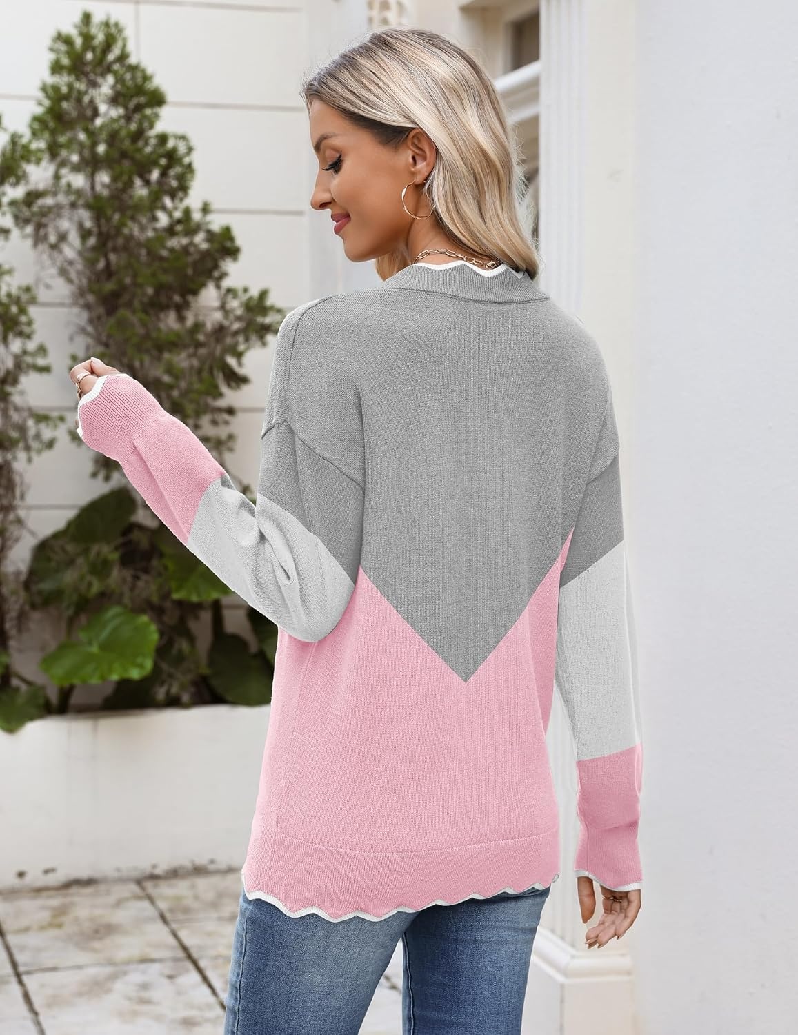 image:imageZeagoo Womens 2026 Fall V Neck Sweater Long Sleeve Lightweight Knit TopsY Grey Pink