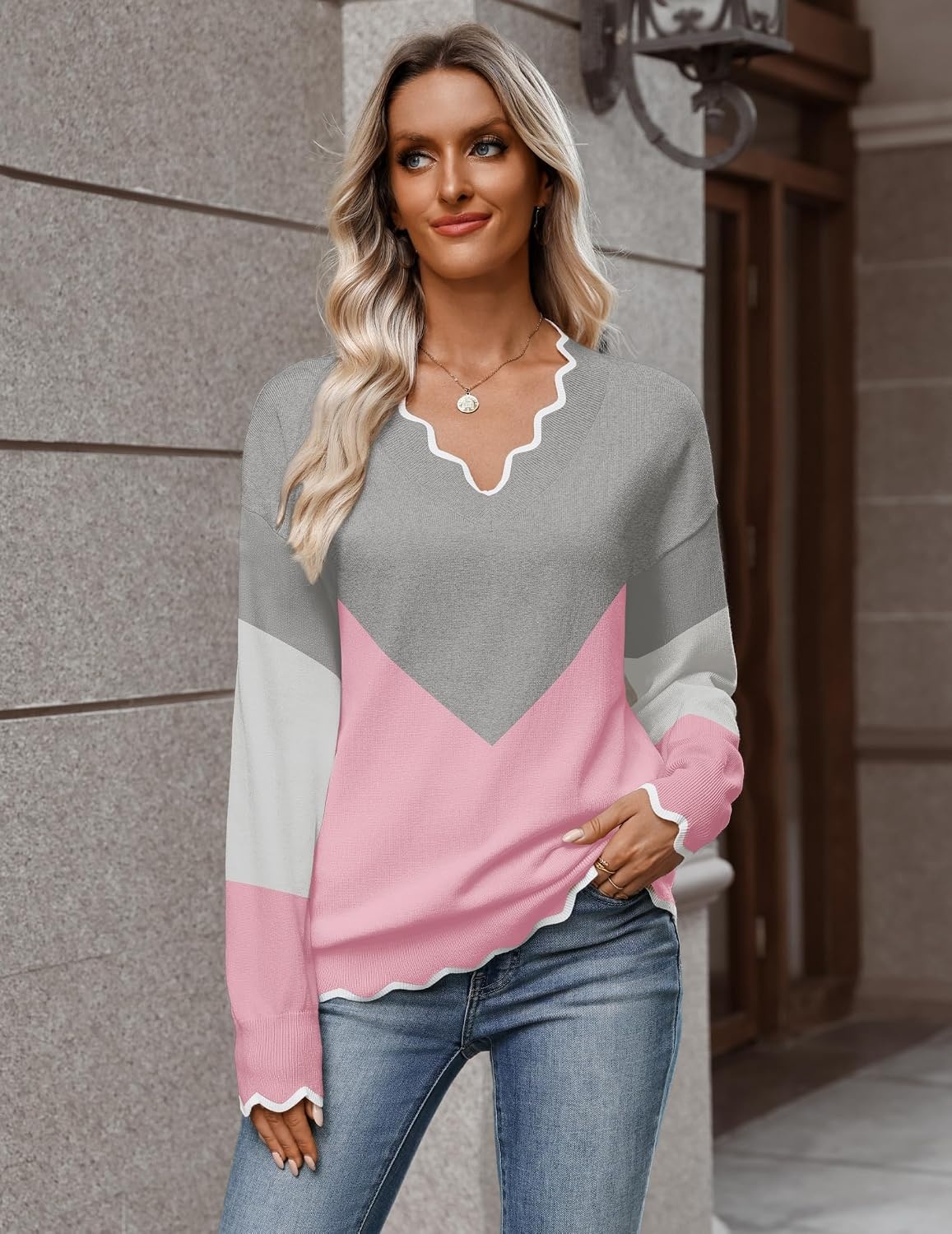 image:imageZeagoo Womens 2026 Fall V Neck Sweater Long Sleeve Lightweight Knit TopsY Grey Pink