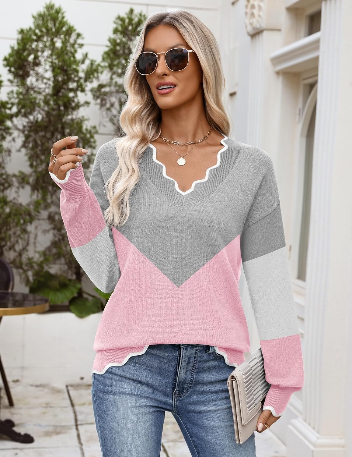 image:imageZeagoo Womens 2026 Fall V Neck Sweater Long Sleeve Lightweight Knit TopsY Grey Pink