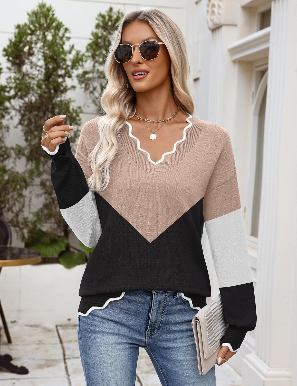 image:imageZeagoo Womens 2026 Fall V Neck Sweater Long Sleeve Lightweight Knit TopsY Khaki Black