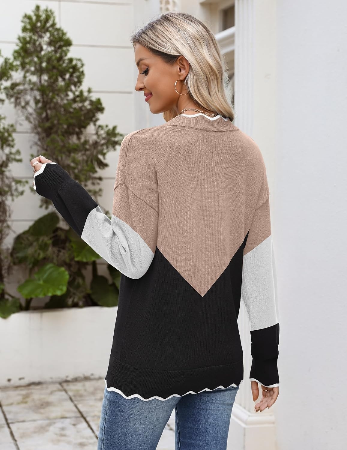 image:imageZeagoo Womens 2026 Fall V Neck Sweater Long Sleeve Lightweight Knit TopsY Khaki Black