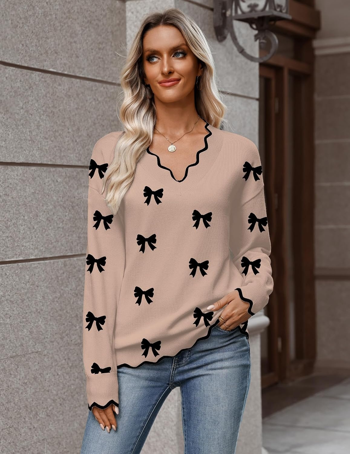 image:imageZeagoo Womens 2026 Fall V Neck Sweater Long Sleeve Lightweight Knit TopsZ Bow Khaki