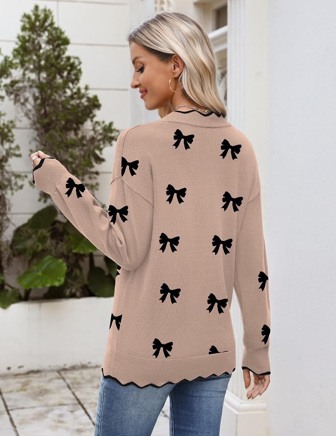 image:imageZeagoo Womens 2026 Fall V Neck Sweater Long Sleeve Lightweight Knit TopsZ Bow Khaki