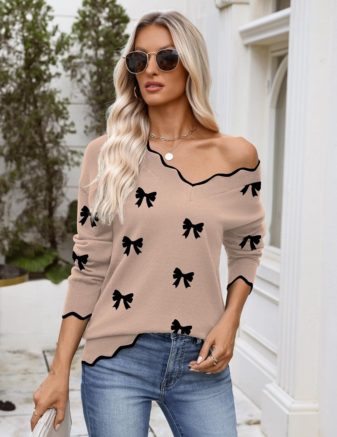 image:imageZeagoo Womens 2026 Fall V Neck Sweater Long Sleeve Lightweight Knit TopsZ Bow Khaki