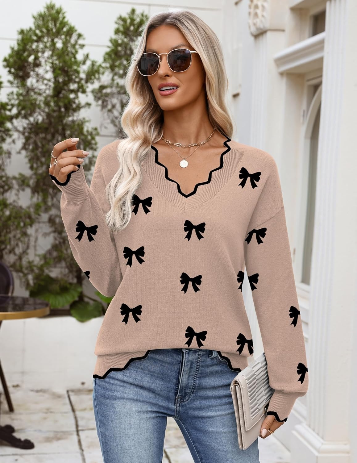 image:imageZeagoo Womens 2026 Fall V Neck Sweater Long Sleeve Lightweight Knit TopsZ Bow Khaki