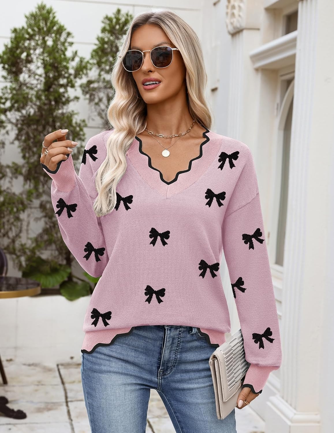 image:imageZeagoo Womens 2026 Fall V Neck Sweater Long Sleeve Lightweight Knit TopsZ Bow Pink
