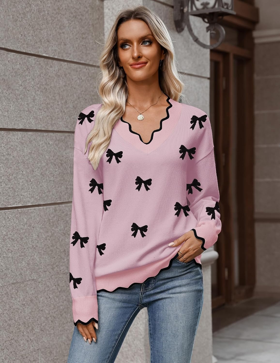 image:imageZeagoo Womens 2026 Fall V Neck Sweater Long Sleeve Lightweight Knit TopsZ Bow Pink