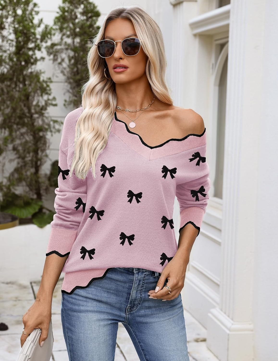 image:imageZeagoo Womens 2026 Fall V Neck Sweater Long Sleeve Lightweight Knit TopsZ Bow Pink