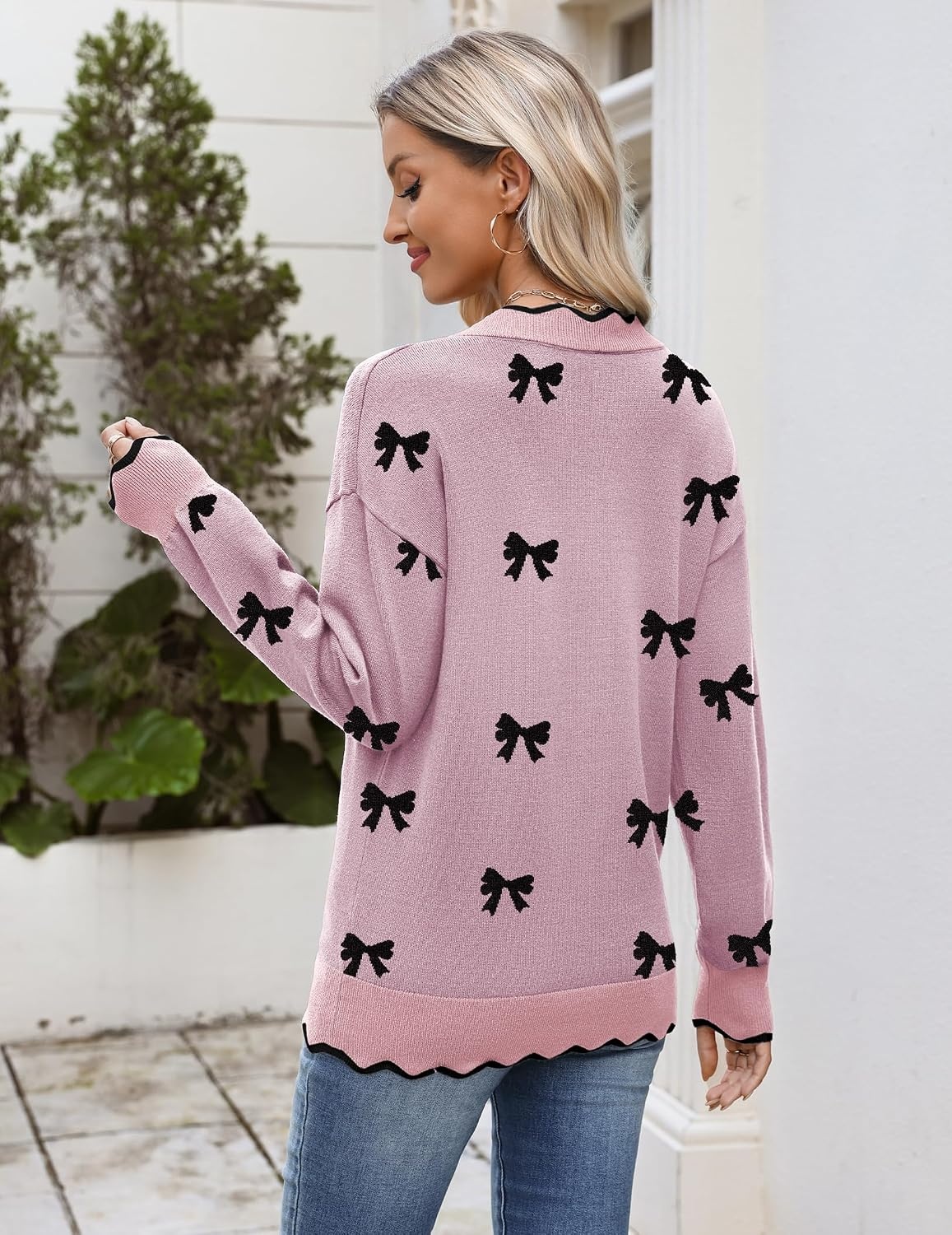 image:imageZeagoo Womens 2026 Fall V Neck Sweater Long Sleeve Lightweight Knit TopsZ Bow Pink