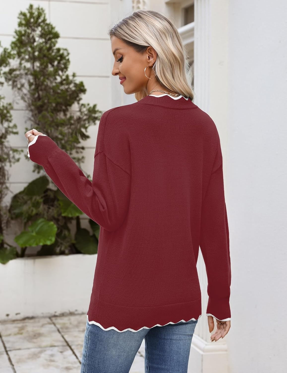image:imageZeagoo Womens 2026 Fall V Neck Sweater Long Sleeve Lightweight Knit TopsZ Merry