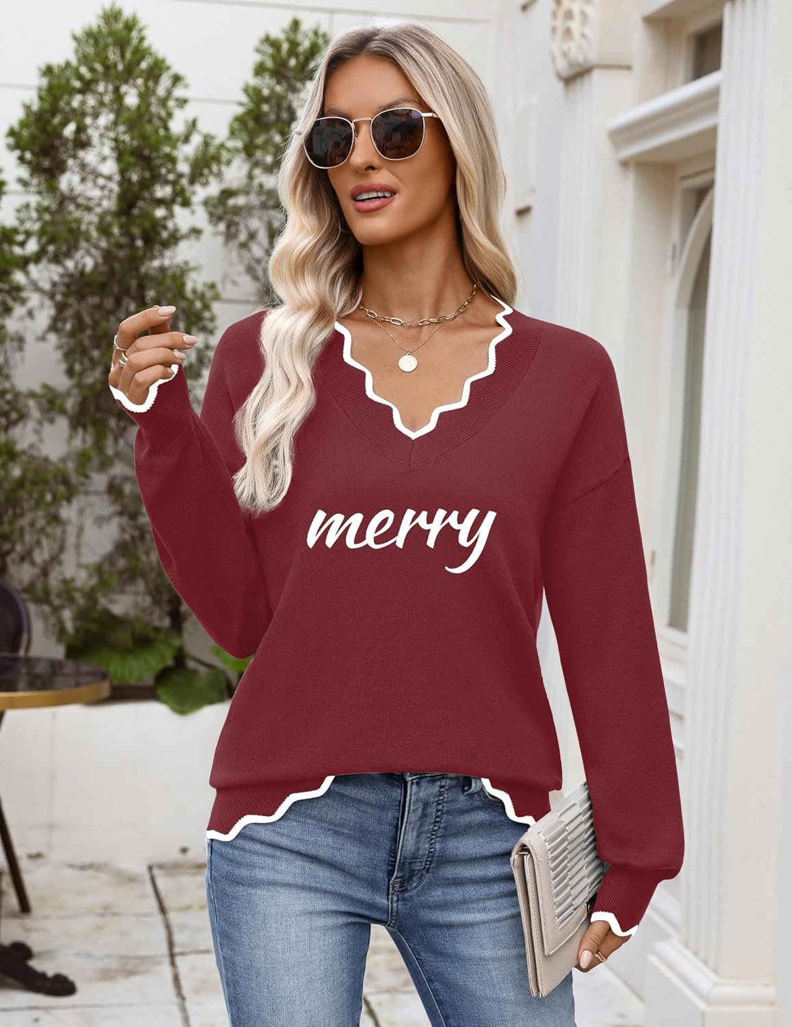 image:imageZeagoo Womens 2026 Fall V Neck Sweater Long Sleeve Lightweight Knit TopsZ Merry