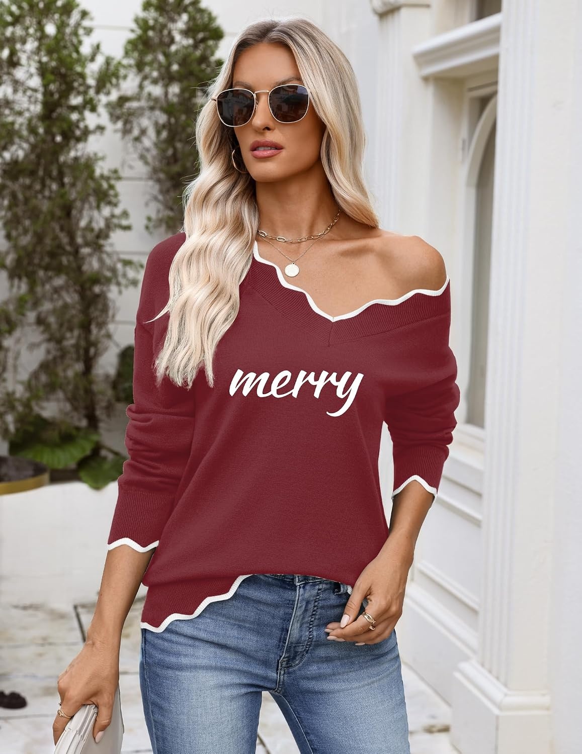 image:imageZeagoo Womens 2026 Fall V Neck Sweater Long Sleeve Lightweight Knit TopsZ Merry