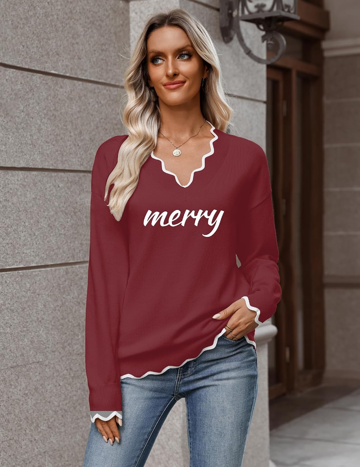 image:imageZeagoo Womens 2026 Fall V Neck Sweater Long Sleeve Lightweight Knit TopsZ Merry