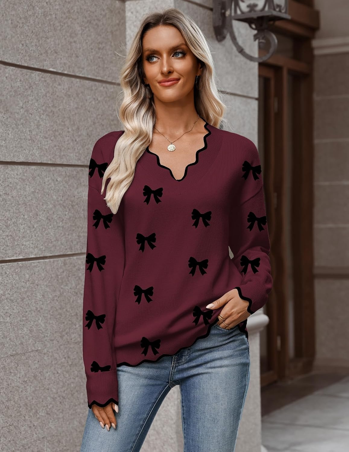 image:imageZeagoo Womens 2026 Fall V Neck Sweater Long Sleeve Lightweight Knit TopsZ Bow Burgundy