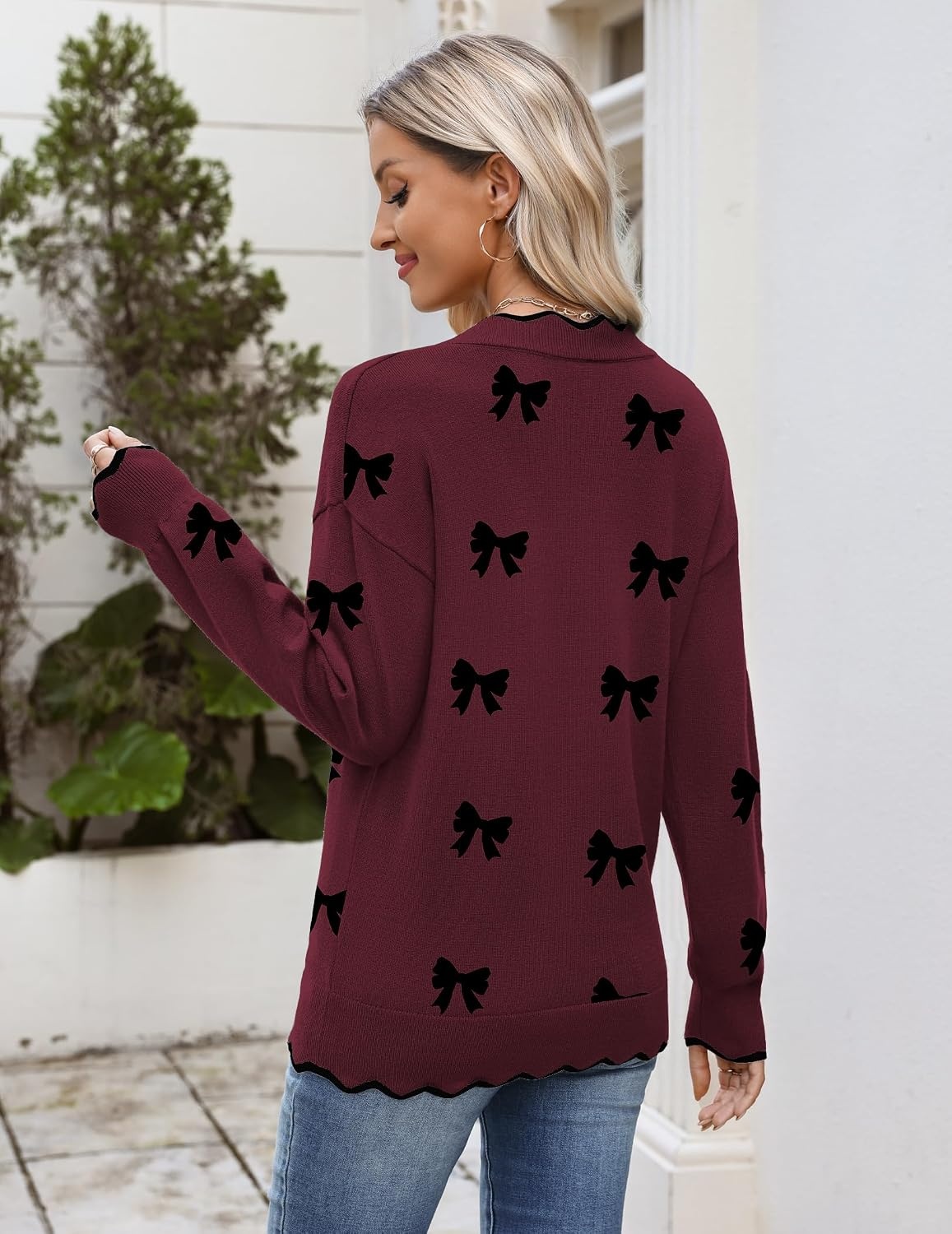 image:imageZeagoo Womens 2026 Fall V Neck Sweater Long Sleeve Lightweight Knit TopsZ Bow Burgundy