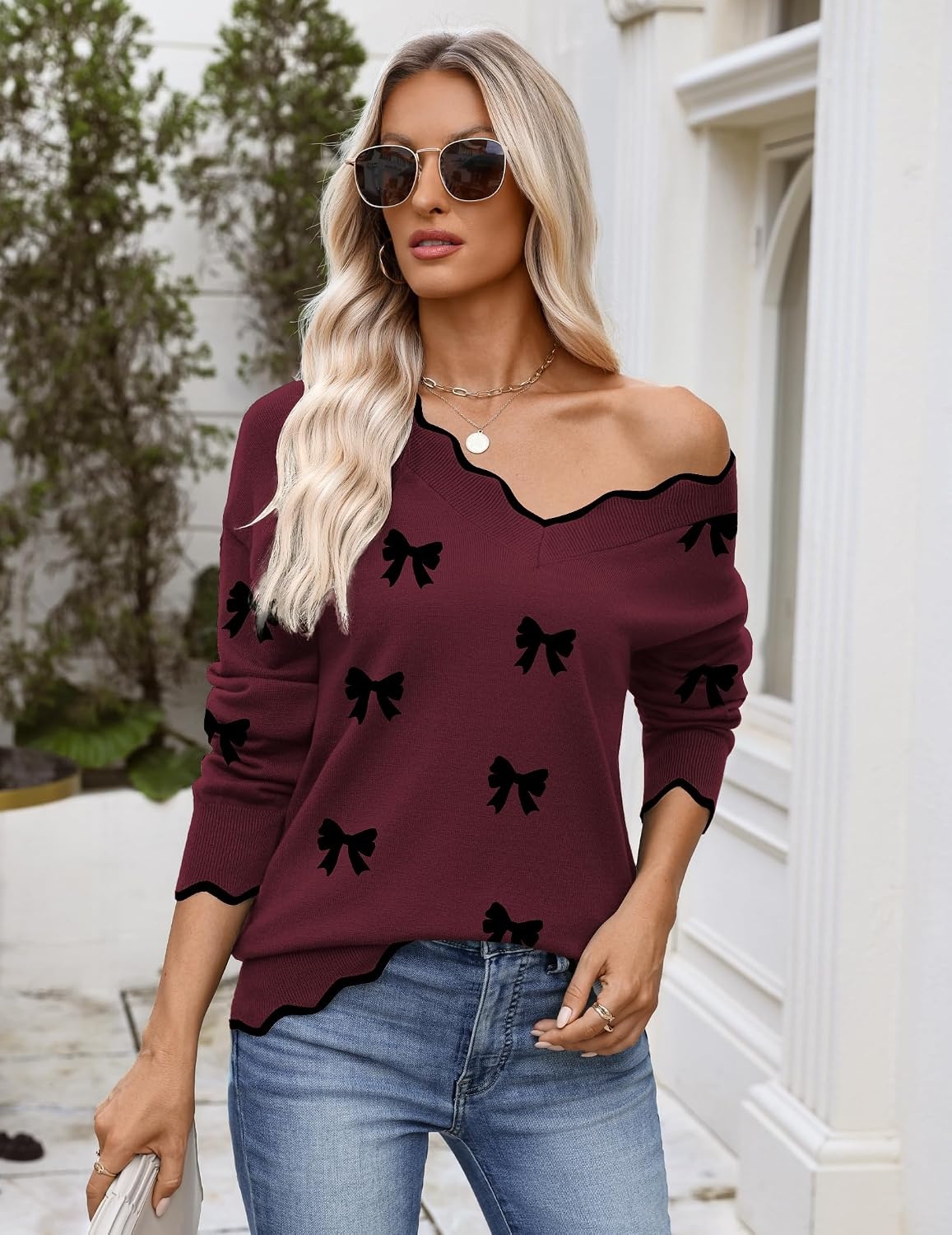 image:imageZeagoo Womens 2026 Fall V Neck Sweater Long Sleeve Lightweight Knit TopsZ Bow Burgundy
