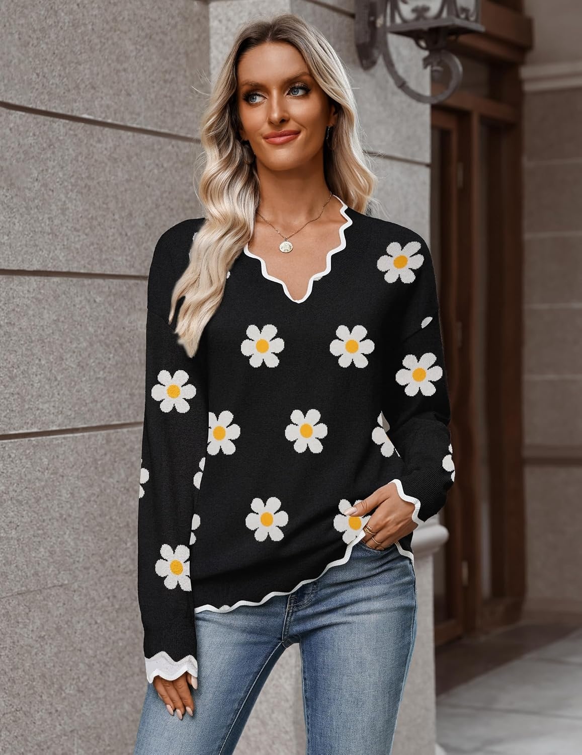 image:imageZeagoo Womens 2026 Fall V Neck Sweater Long Sleeve Lightweight Knit TopsZ Flower Black