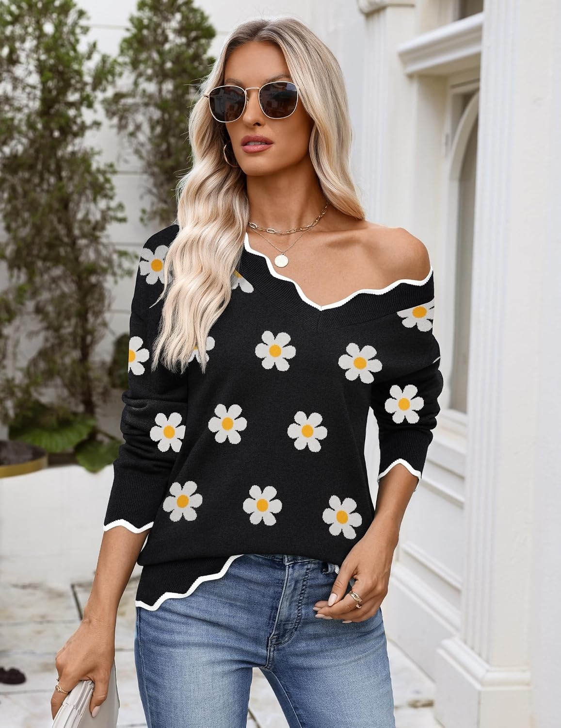 image:imageZeagoo Womens 2026 Fall V Neck Sweater Long Sleeve Lightweight Knit TopsZ Flower Black