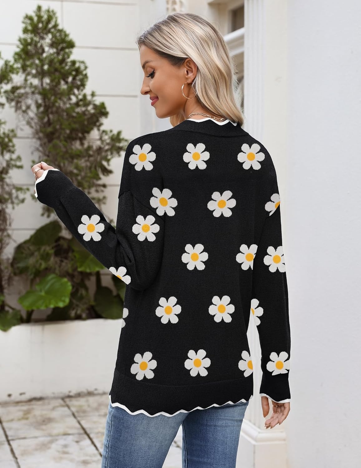 image:imageZeagoo Womens 2026 Fall V Neck Sweater Long Sleeve Lightweight Knit TopsZ Flower Black
