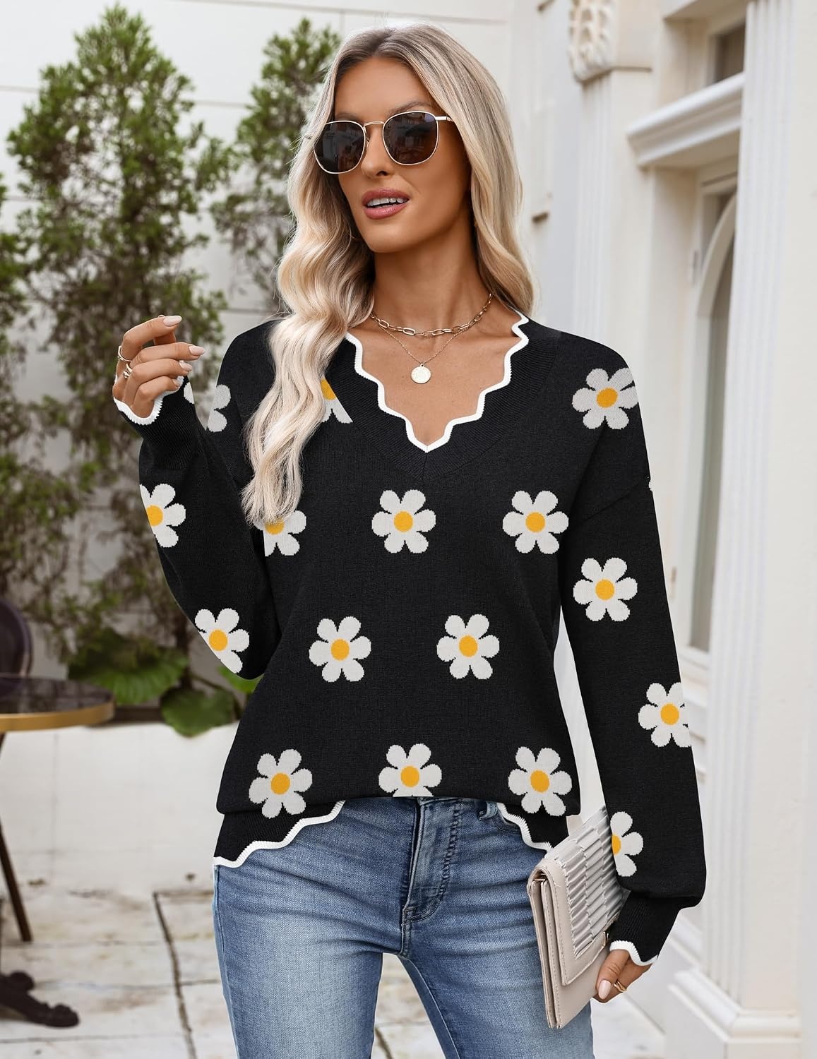 image:imageZeagoo Womens 2026 Fall V Neck Sweater Long Sleeve Lightweight Knit TopsZ Flower Black
