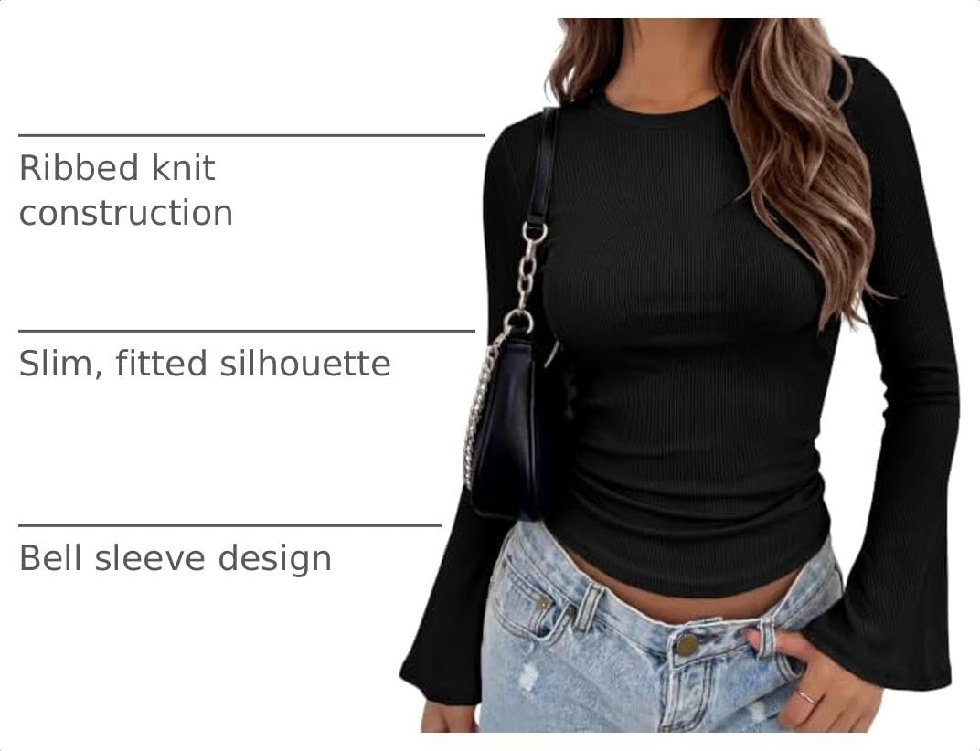 image:imageZeagoo Womens Bell Long Sleeve Tops Crewneck Ribbed Knit ShirtsBlack