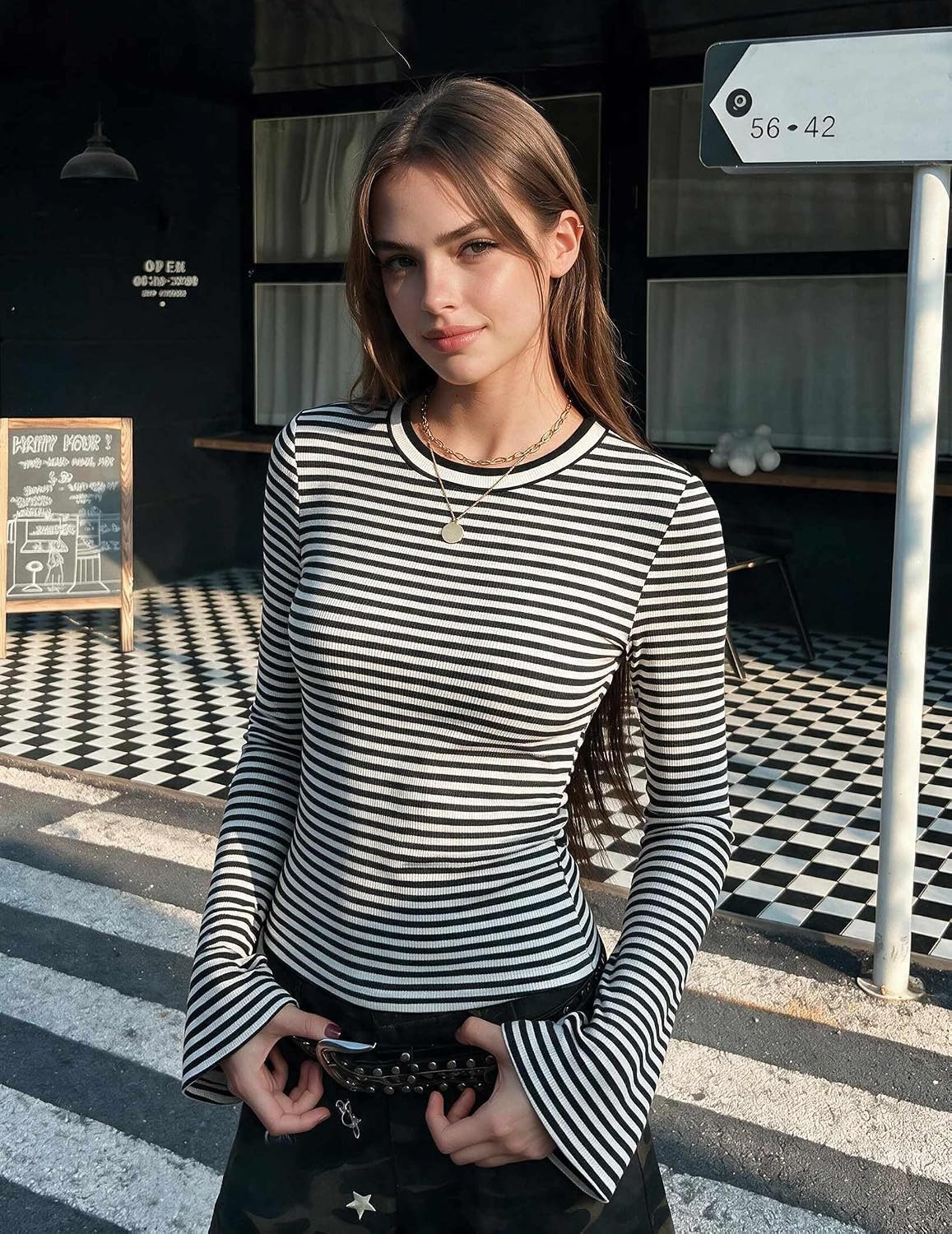 image:imageZeagoo Womens Bell Long Sleeve Tops Crewneck Ribbed Knit ShirtsBlack White Stripe