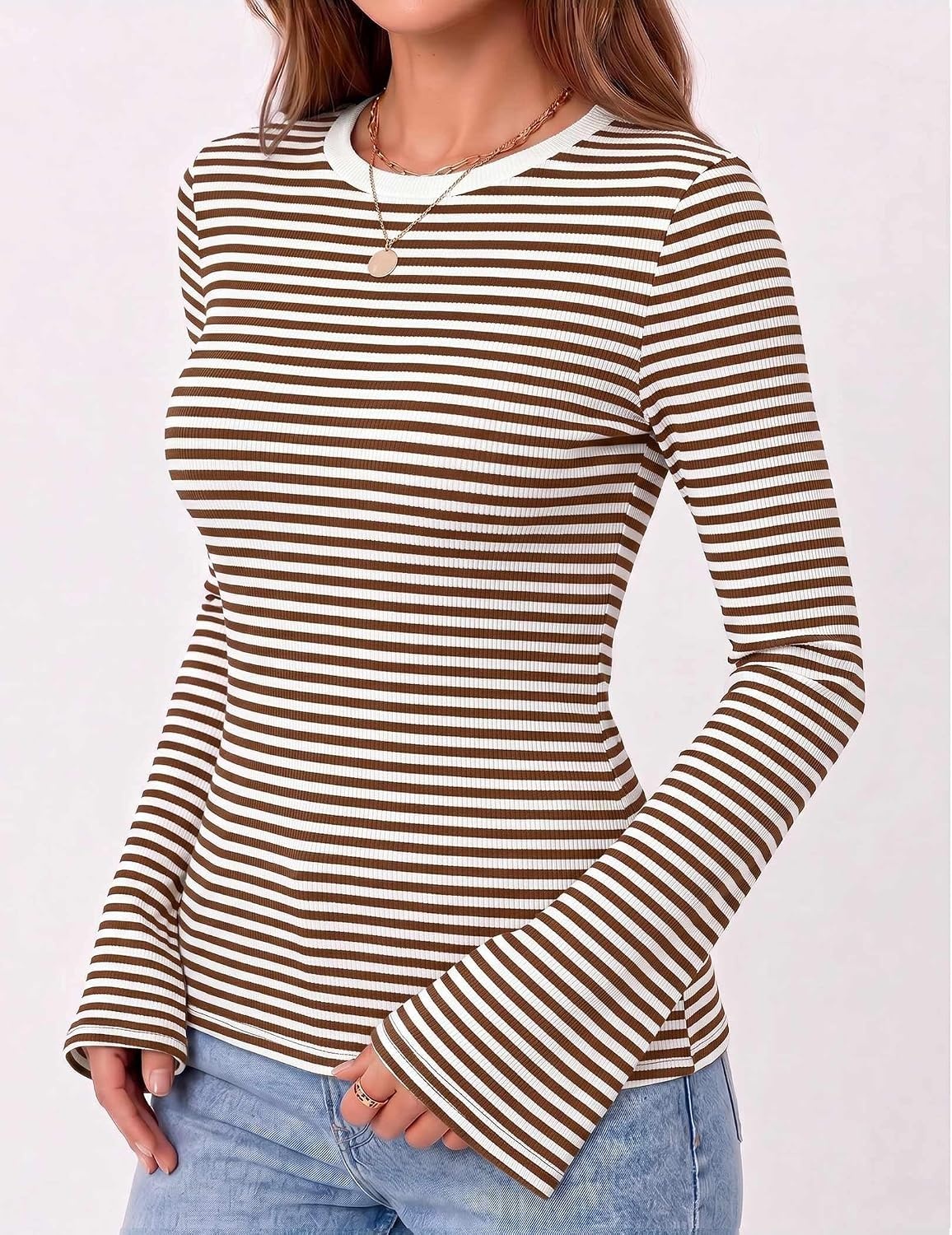 image:imageZeagoo Womens Bell Long Sleeve Tops Crewneck Ribbed Knit ShirtsBrown White Stripe