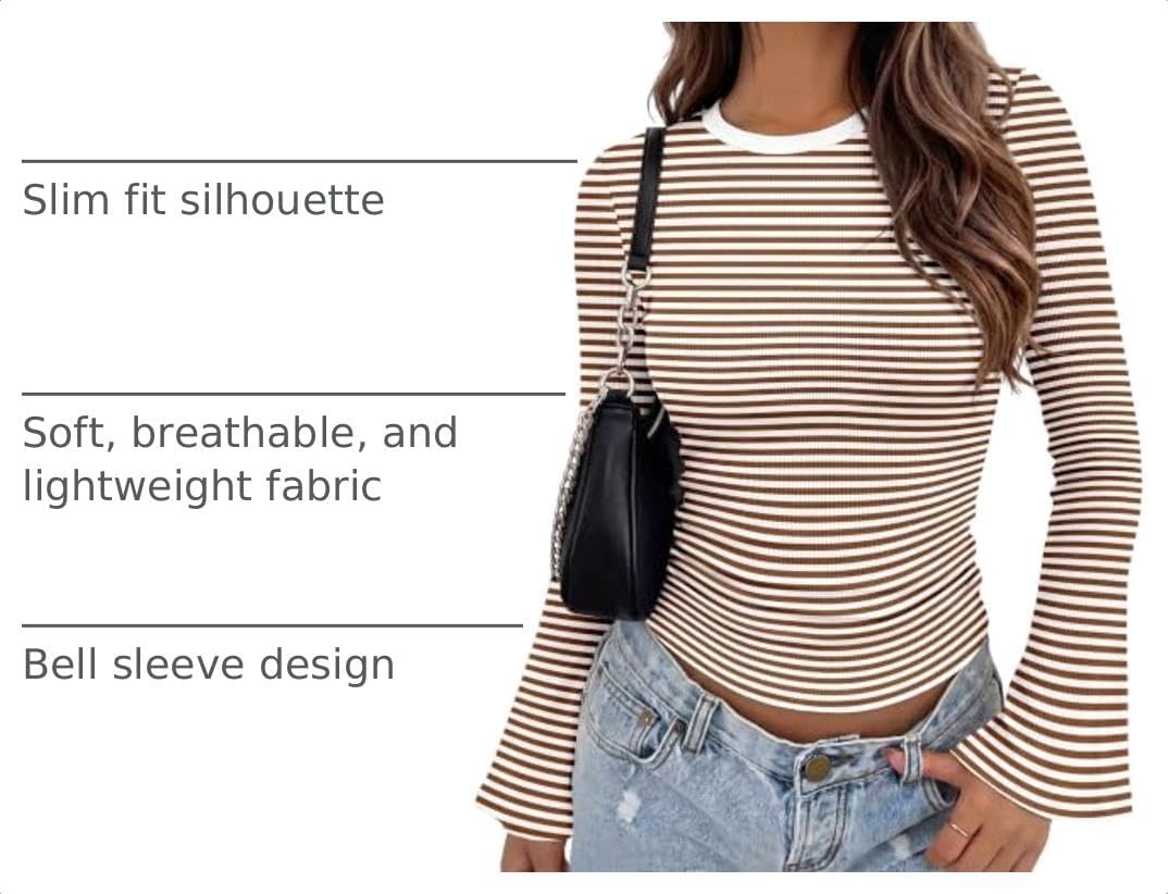 image:imageZeagoo Womens Bell Long Sleeve Tops Crewneck Ribbed Knit ShirtsBrown White Stripe