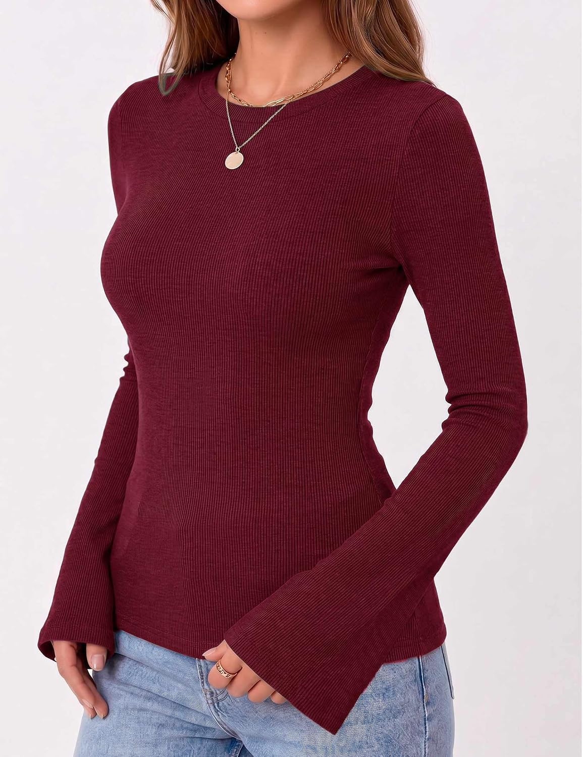 image:imageZeagoo Womens Bell Long Sleeve Tops Crewneck Ribbed Knit ShirtsWine Red