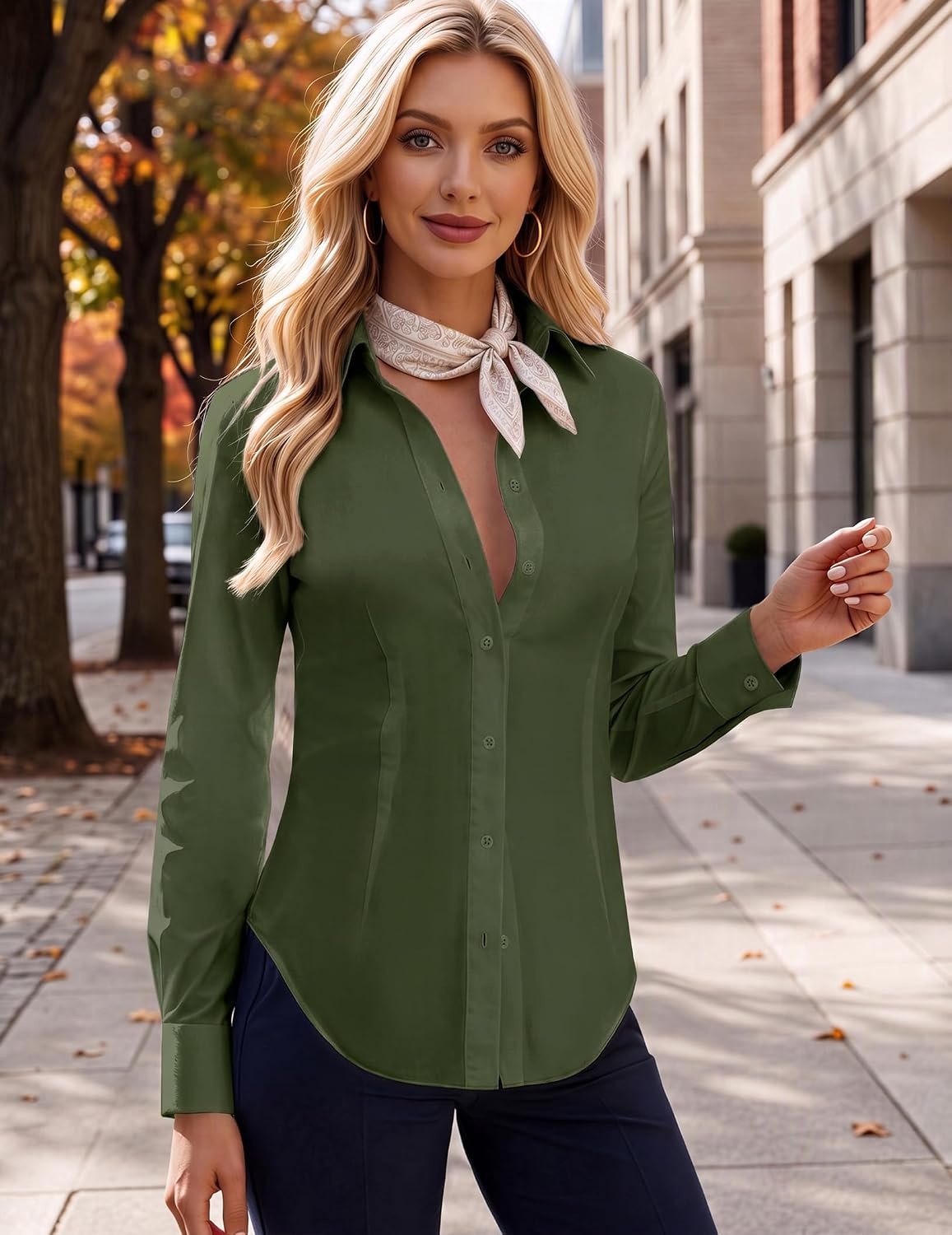 image:imageZeagoo Womens Button Down Shirts Long Sleeve Business Casual Blouses TopsArmy Green
