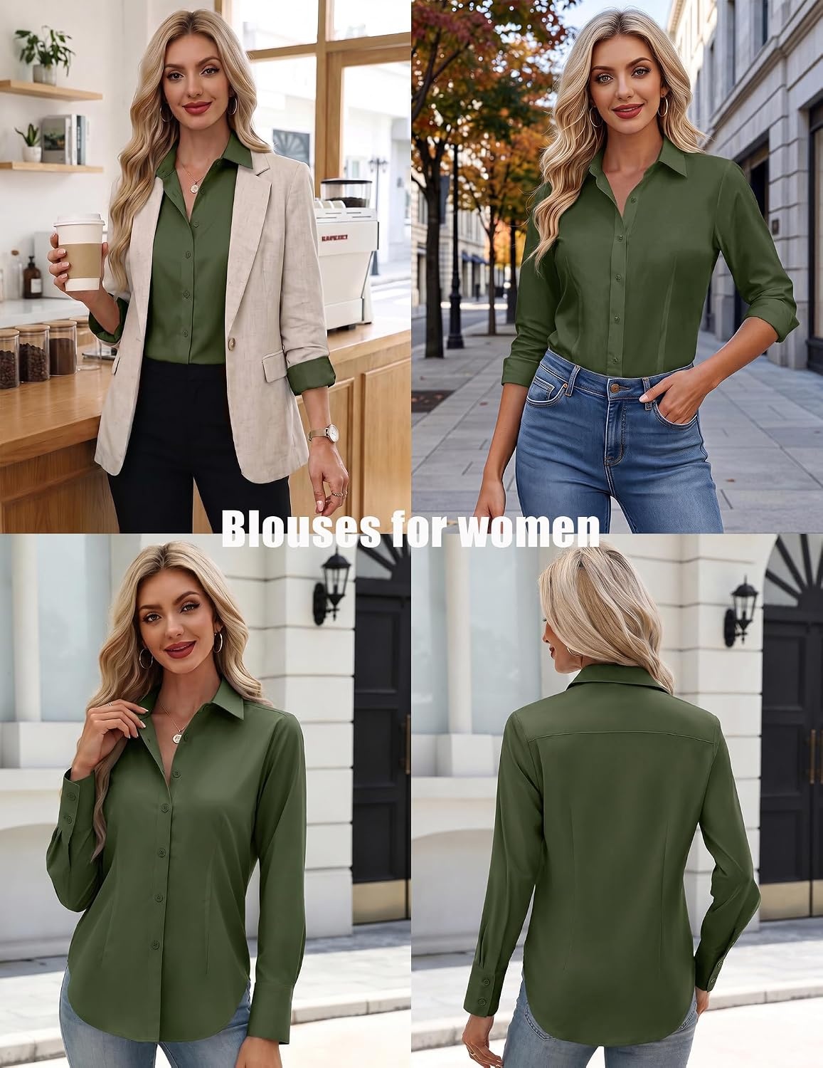 image:imageZeagoo Womens Button Down Shirts Long Sleeve Business Casual Blouses TopsArmy Green