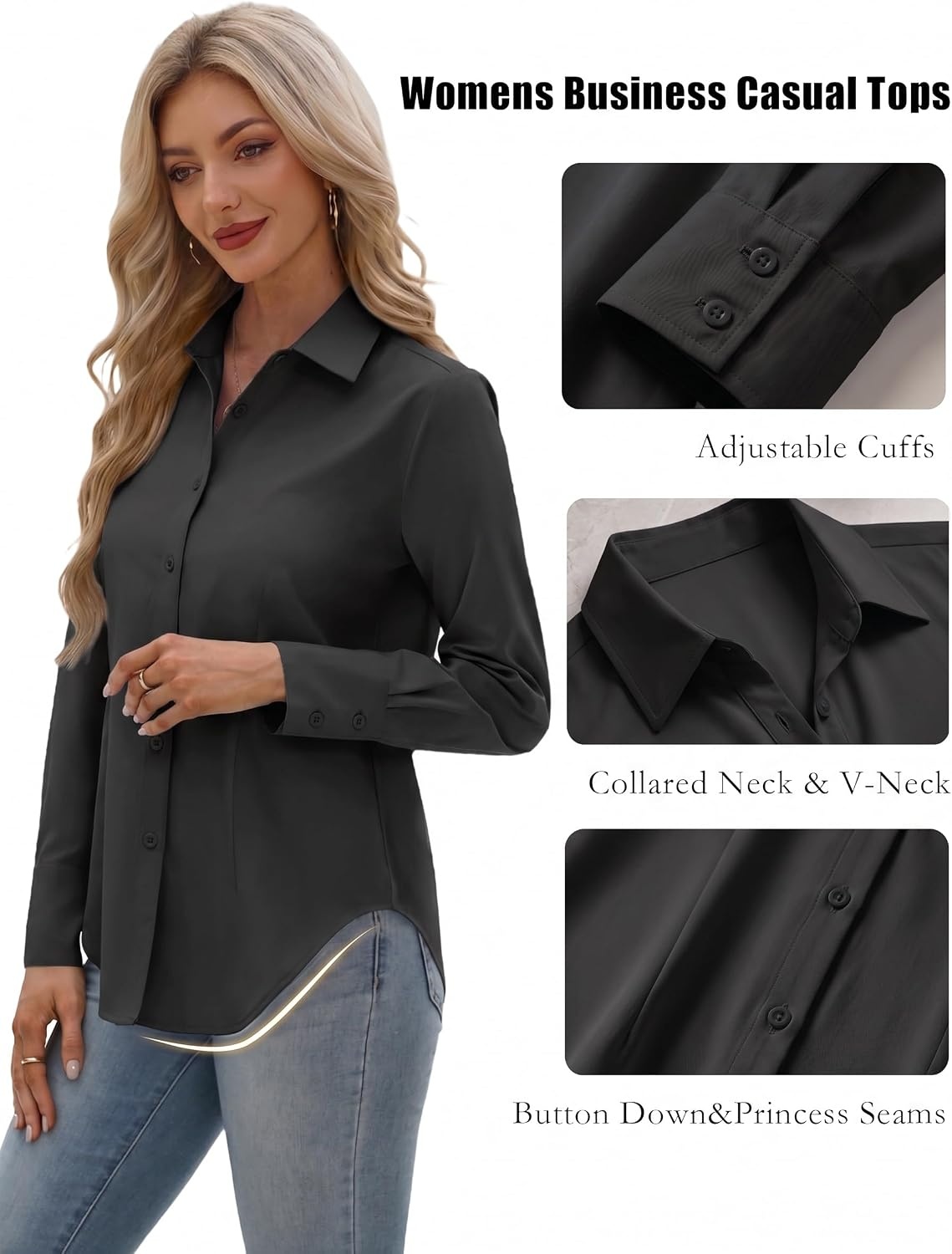 image:imageZeagoo Womens Button Down Shirts Long Sleeve Business Casual Blouses TopsBlack