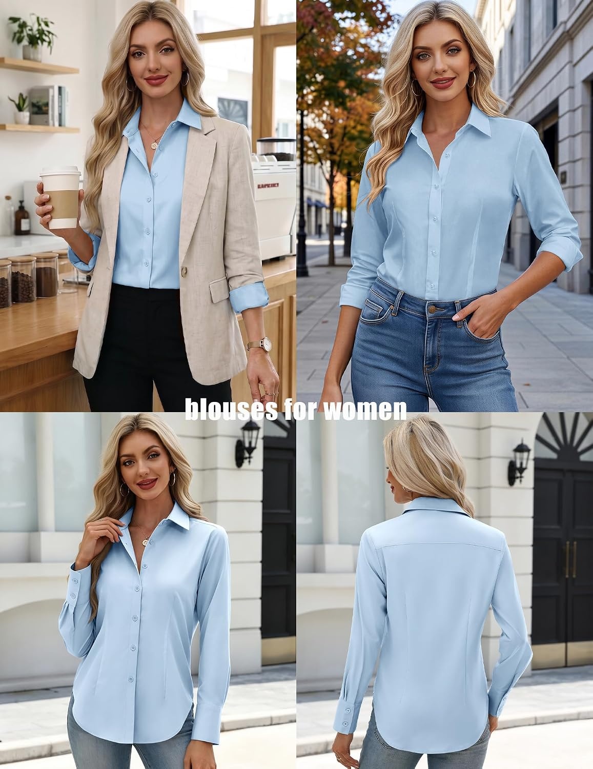 image:imageZeagoo Womens Button Down Shirts Long Sleeve Business Casual Blouses TopsBlue