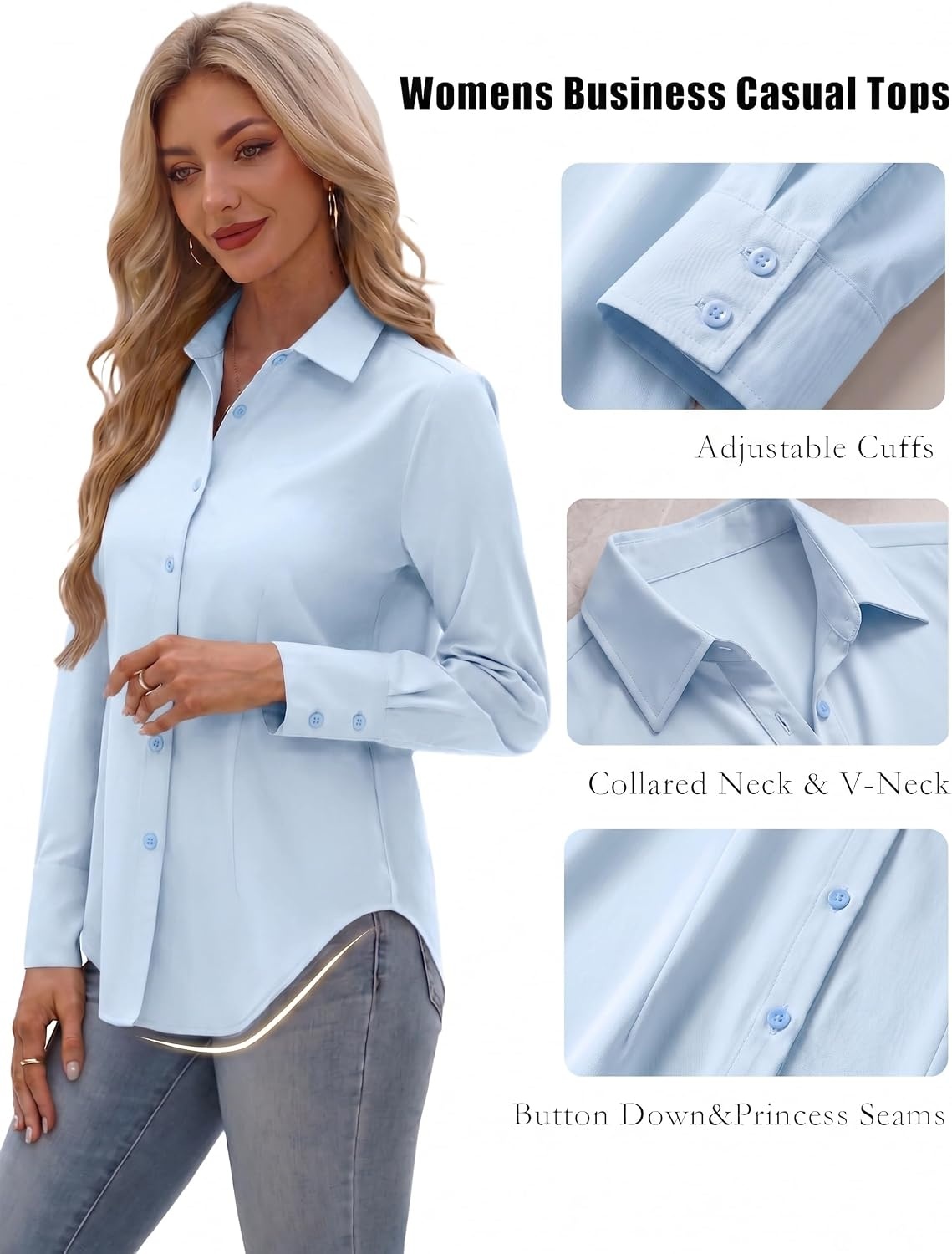 image:imageZeagoo Womens Button Down Shirts Long Sleeve Business Casual Blouses TopsBlue