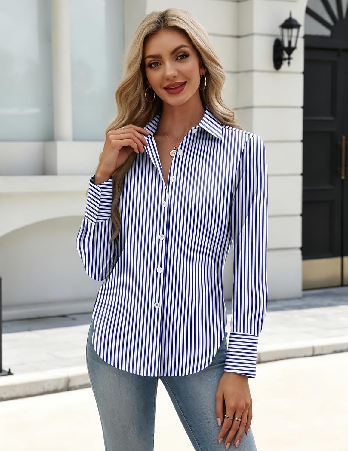 image:imageZeagoo Womens Button Down Shirts Long Sleeve Business Casual Blouses TopsBlue Stripes