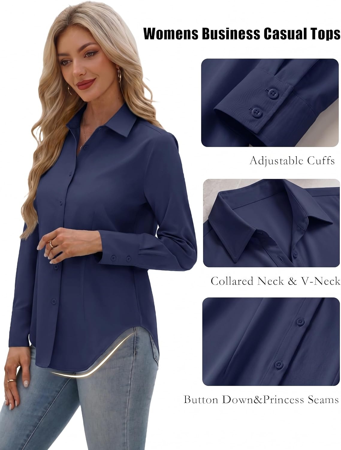 image:imageZeagoo Womens Button Down Shirts Long Sleeve Business Casual Blouses TopsNavy Blue