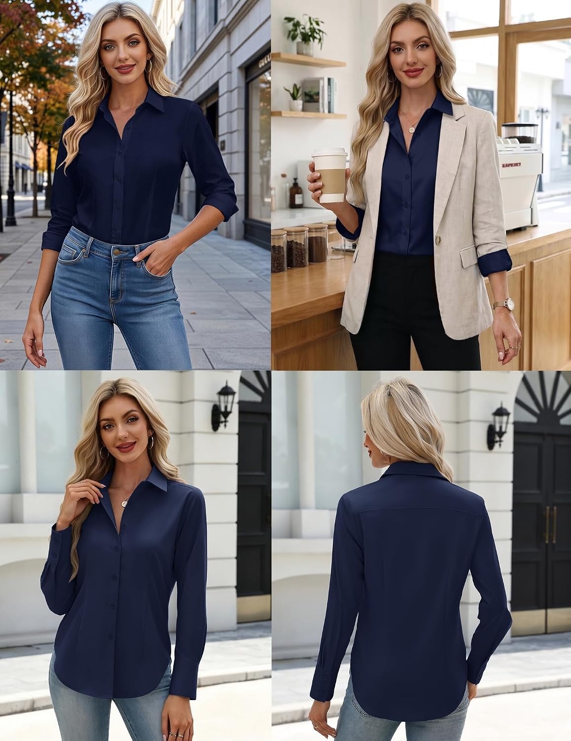 image:imageZeagoo Womens Button Down Shirts Long Sleeve Business Casual Blouses TopsNavy Blue