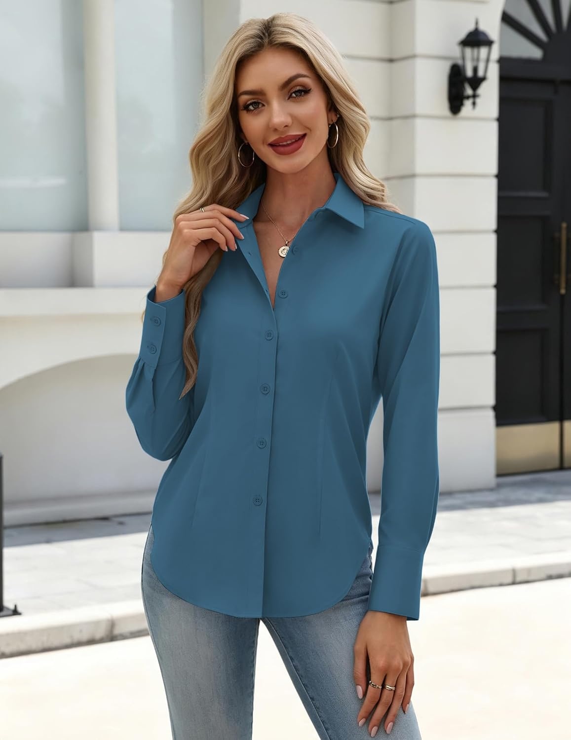 image:imageZeagoo Womens Button Down Shirts Long Sleeve Business Casual Blouses TopsPeacock Blue