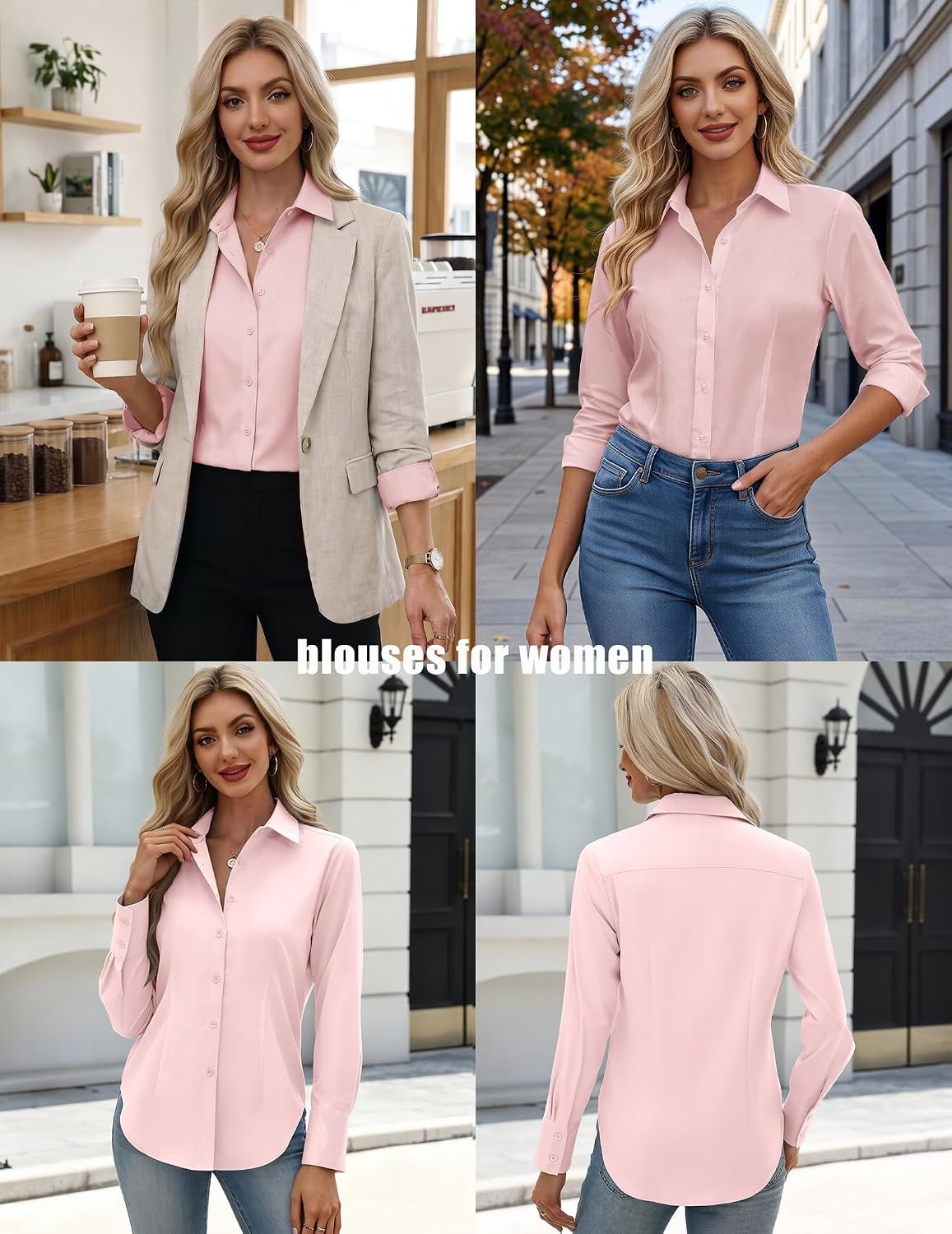 image:imageZeagoo Womens Button Down Shirts Long Sleeve Business Casual Blouses TopsPink