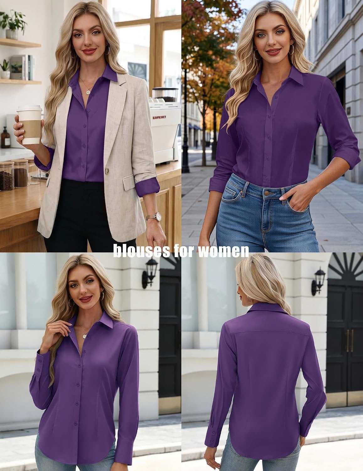 image:imageZeagoo Womens Button Down Shirts Long Sleeve Business Casual Blouses TopsPurple