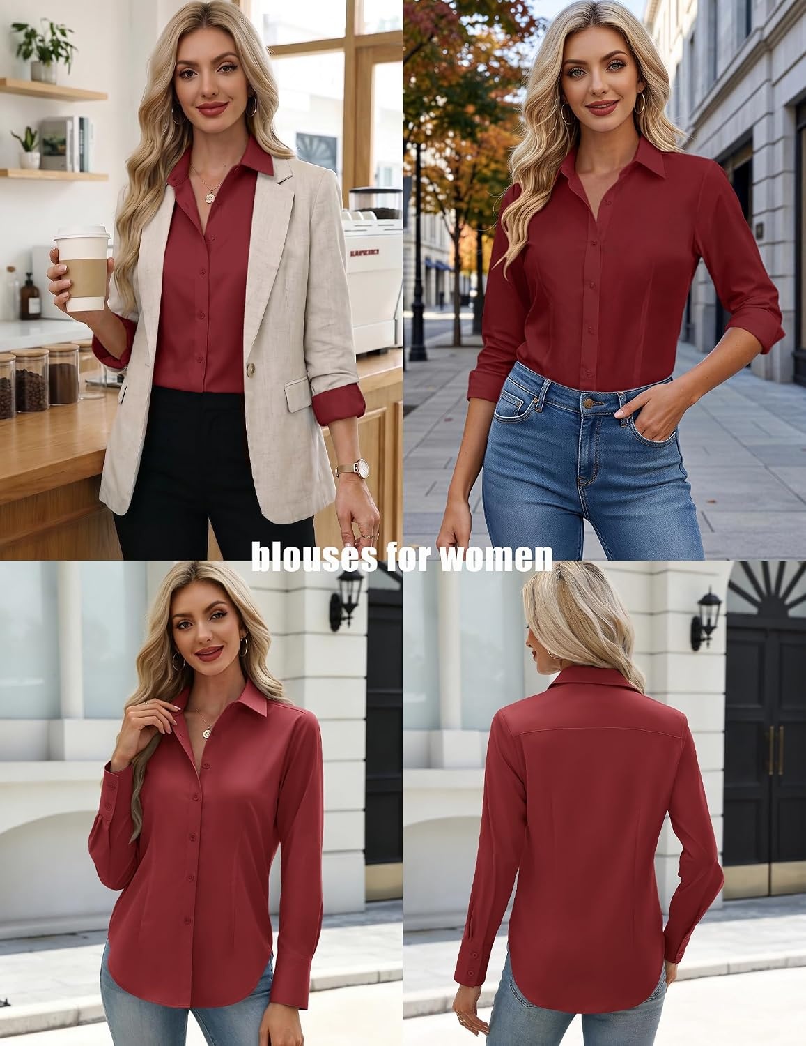 image:imageZeagoo Womens Button Down Shirts Long Sleeve Business Casual Blouses TopsWine Red