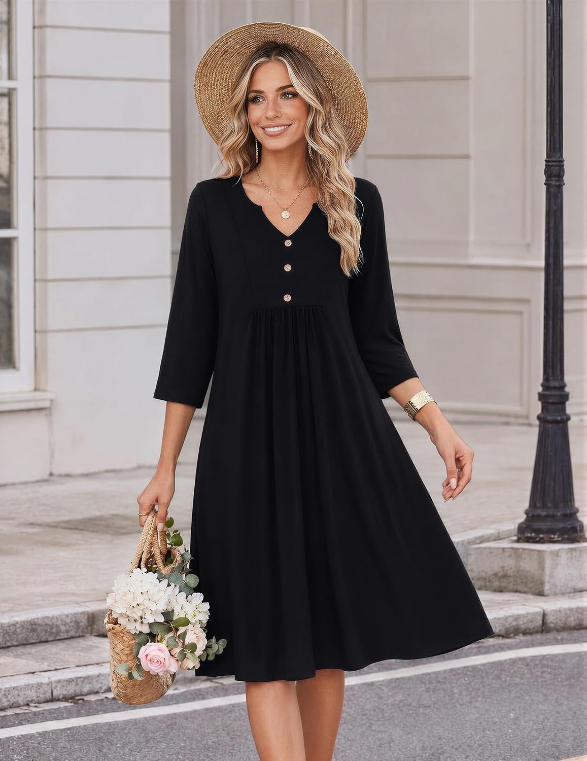 image:imageZeagoo Womens Dresses 34 Sleeve Casual Fall A Line Midi Dress with PocketsBlack